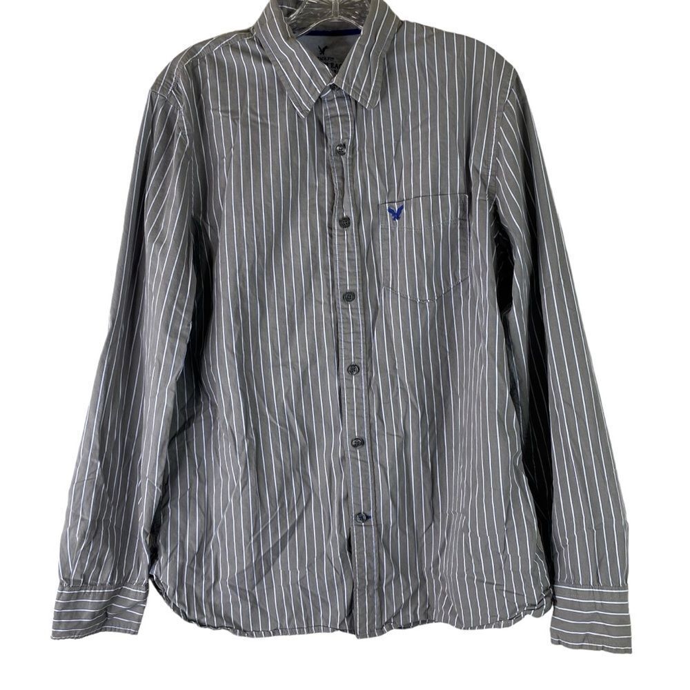 American Eagle Button Down Shirt Men's M Gray Blue White Stripe Vintage Fit
